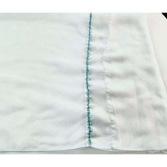 Vintage 60s sheer curtain, white, delicate embroidered blue/green floral trim - Picture 3 of 7